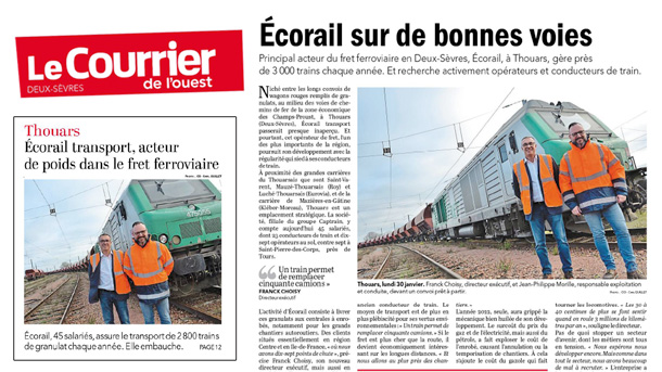 vue de la une du courrier de l'ouest groupe ouest france et de l'article sur Ecorail Transport Membre du réseau Captrain Europe